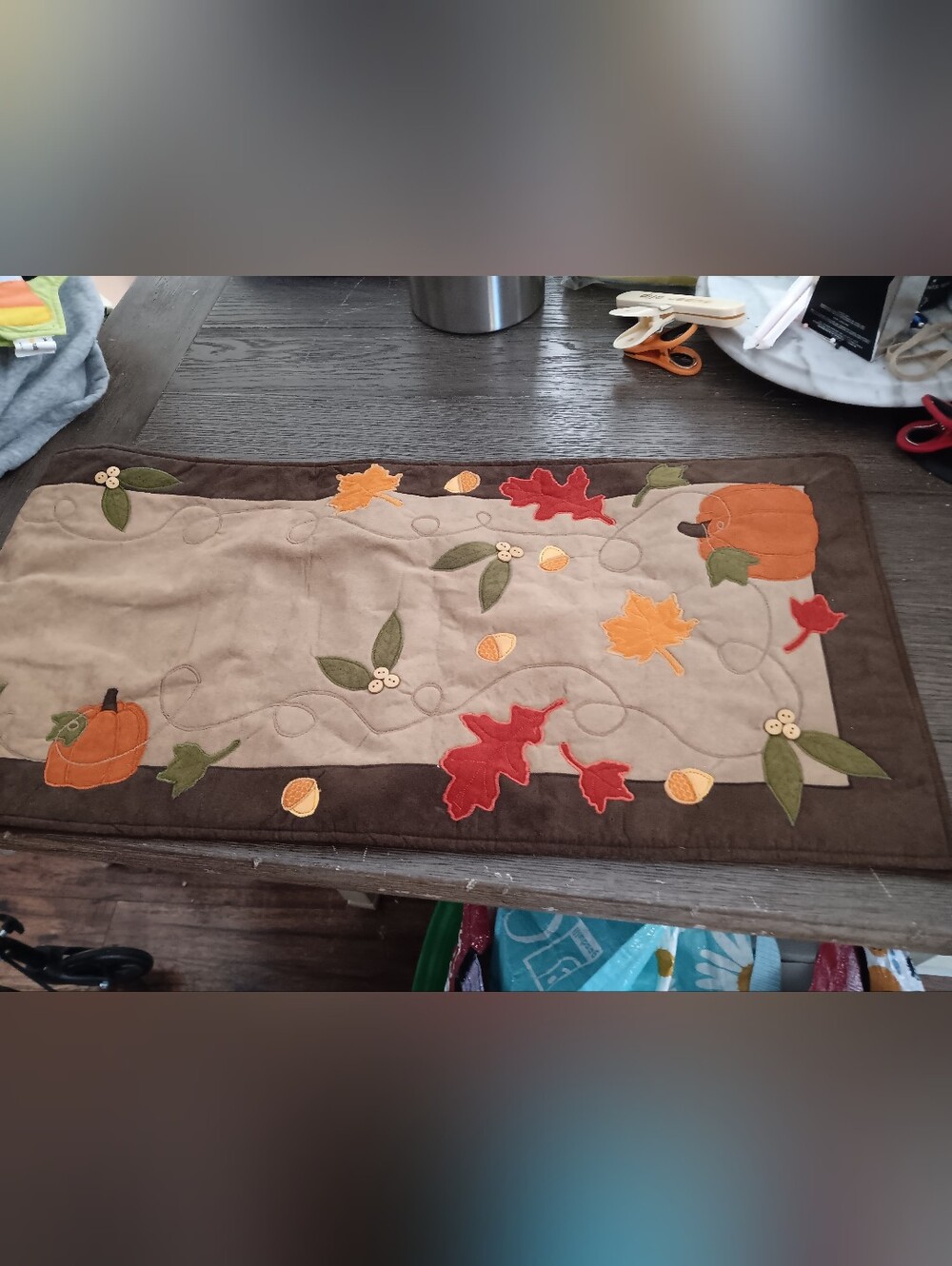 Autumn Leaves Quilted Table Runner - Taupe, Red & Orange 13 By 54